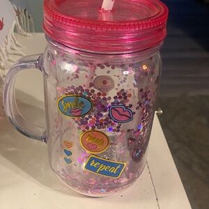Betsy Johnson Nwt 24 Oz Pink Glitter Mason Jar Tumbler with Straw